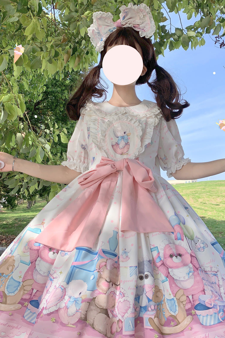 Gothic Lolita Dress - White/pink Duck Bear Toys Print, 2 Colors, Sweet Style, Bow Detail - additional product view 2