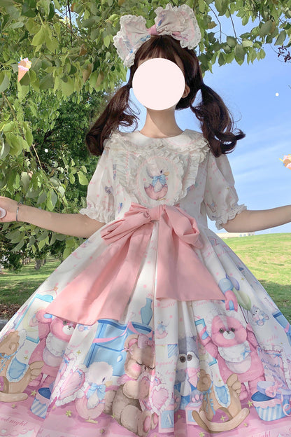 Gothic Lolita Dress - White/pink Duck Bear Toys Print, 2 Colors, Sweet Style, Bow Detail - additional product view 2
