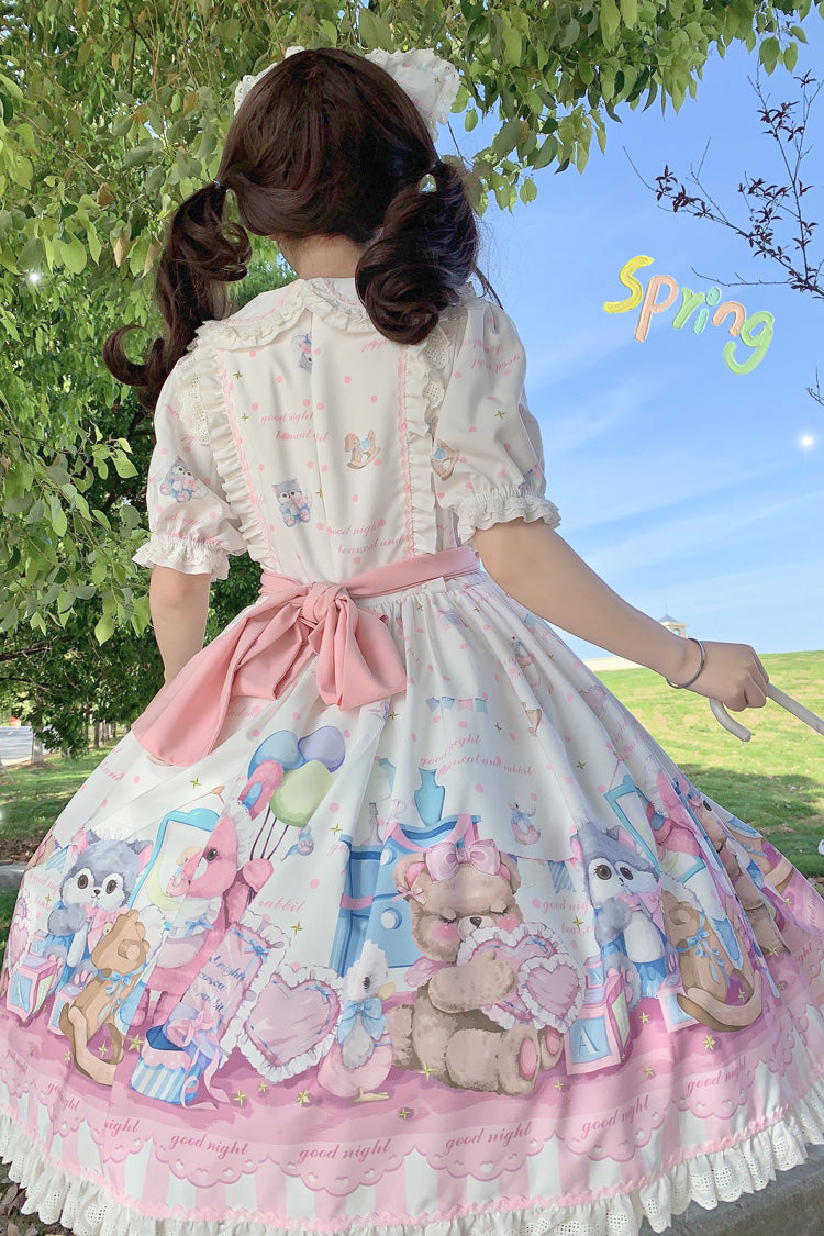 Gothic Lolita Dress - White/pink Duck Bear Toys Print, 2 Colors, Sweet Style, Bow Detail - additional product view 3