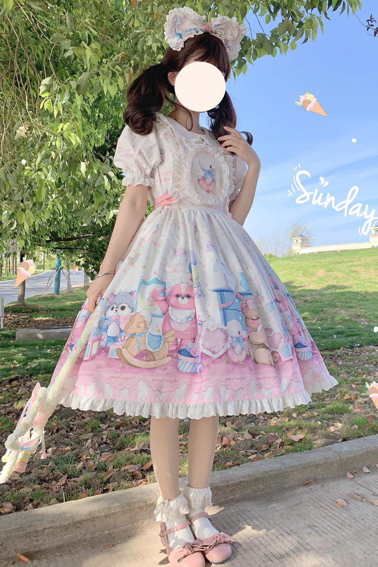 Gothic Lolita Dress - White/pink Duck Bear Toys Print, 2 Colors, Sweet Style, Bow Detail - additional product view 4