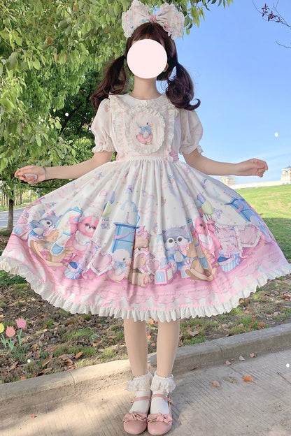 Gothic Lolita Dress - White/pink Duck Bear Toys Print, 2 Colors, Sweet Style, Bow Detail - main product image
