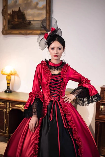 Gothic Lolita Dress - Wine Red Print Medieval Court, Red, Long Length, Victorian Style - additional product view 2