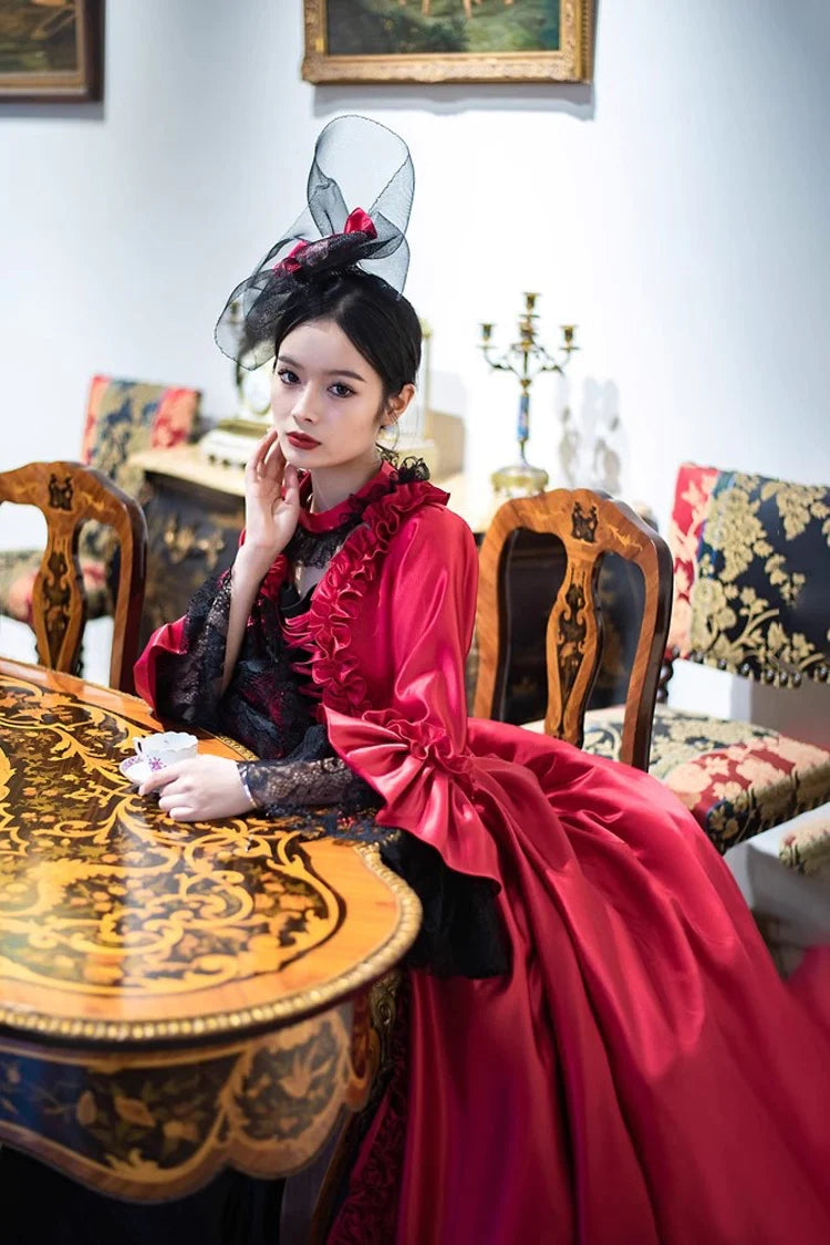 Gothic Lolita Dress - Wine Red Print Medieval Court, Red, Long Length, Victorian Style - additional product view 3