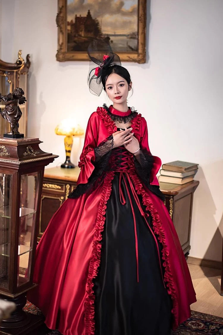 Gothic Lolita Dress - Wine Red Print Medieval Court, Red, Long Length, Victorian Style - additional product view 4