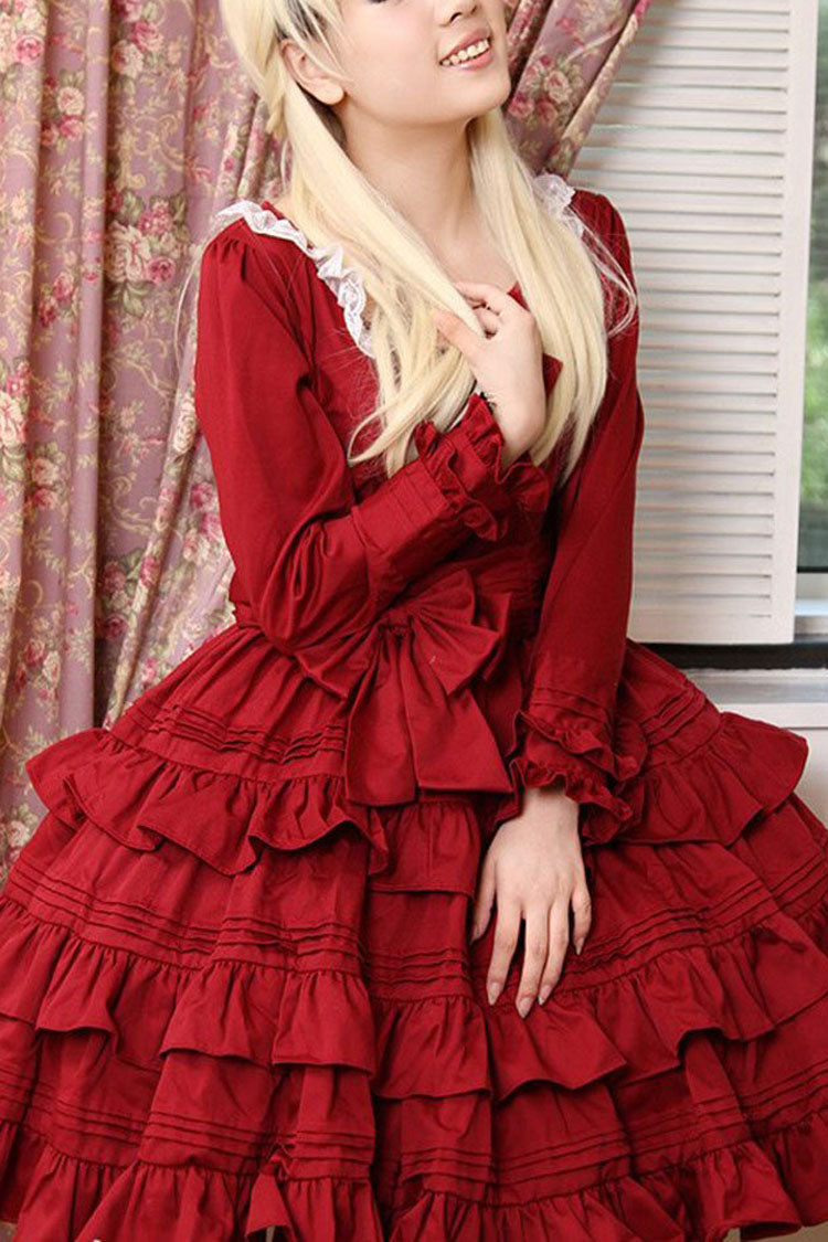 Gothic Lolita Dress - Wine Red, Red, Long Sleeves, Classic Style, Ruffled - main product image