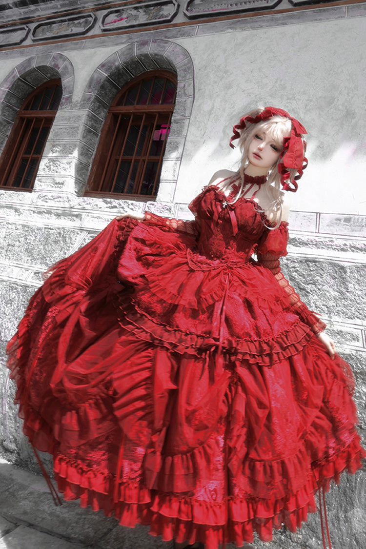 Gothic Lolita Dress - Wine Red, Red, Ruffled, Lace-Up, Cross Detail - additional product view 2