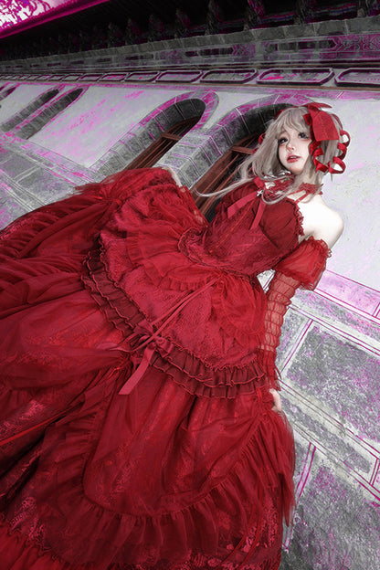 Gothic Lolita Dress - Wine Red, Red, Ruffled, Lace-Up, Cross Detail - additional product view 3