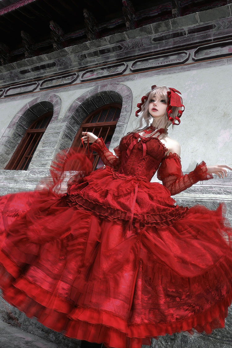 Gothic Lolita Dress - Wine Red, Red, Ruffled, Lace-Up, Cross Detail - additional product view 4