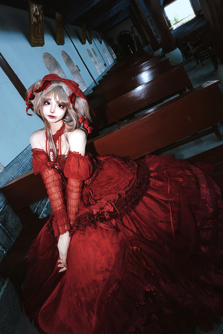 Gothic Lolita Dress - Wine Red, Red, Ruffled, Lace-Up, Cross Detail - additional product view 5