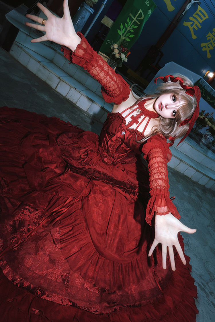 Gothic Lolita Dress - Wine Red, Red, Ruffled, Lace-Up, Cross Detail - additional product view 6