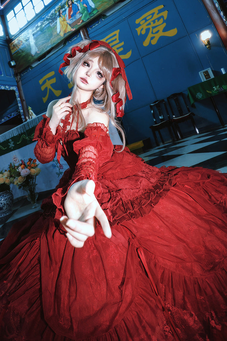 Gothic Lolita Dress - Wine Red, Red, Ruffled, Lace-Up, Cross Detail - additional product view 7