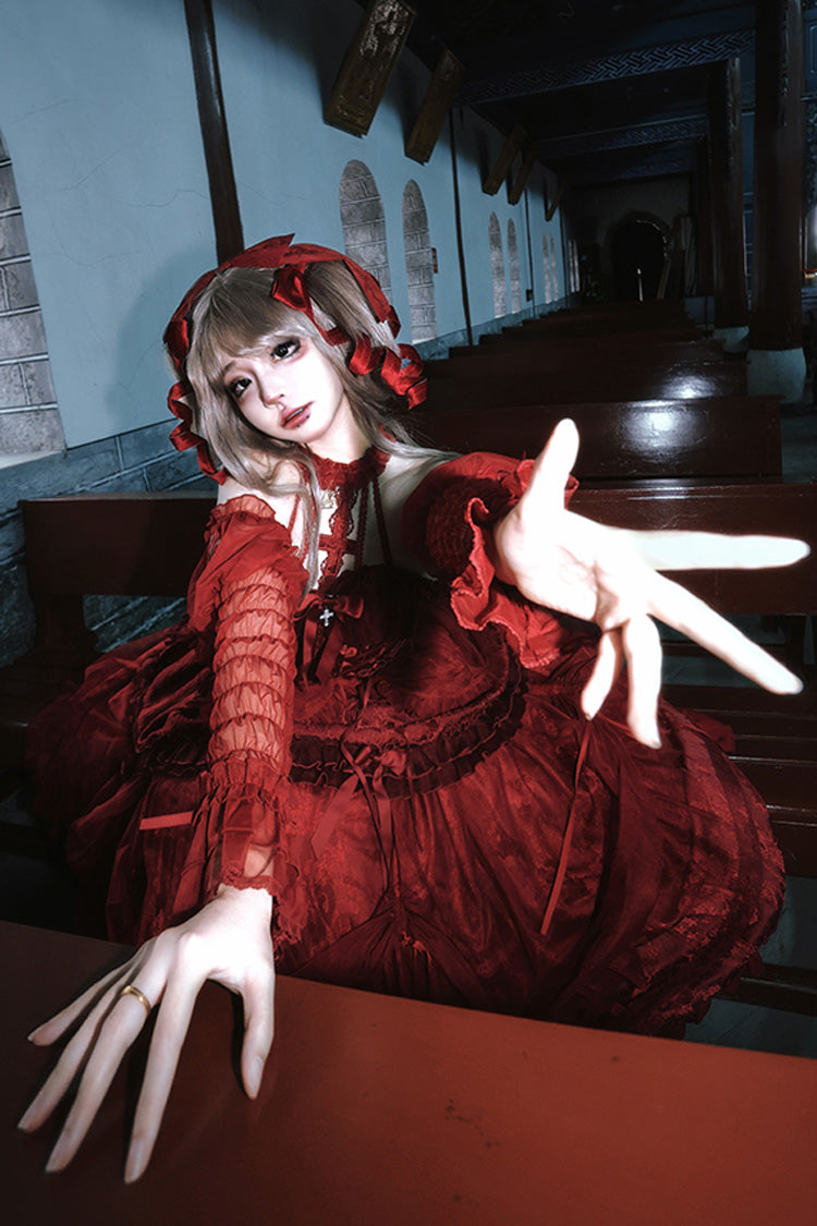 Gothic Lolita Dress - Wine Red, Red, Ruffled, Lace-Up, Cross Detail - additional product view 8