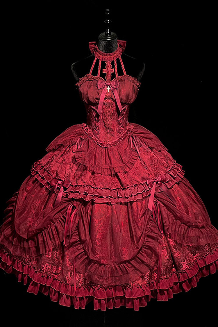 Gothic Lolita Dress - Wine Red, Red, Ruffled, Lace-Up, Cross Detail - additional product view 9