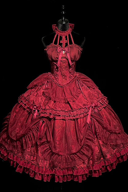 Gothic Lolita Dress - Wine Red, Red, Ruffled, Lace-Up, Cross Detail - additional product view 9
