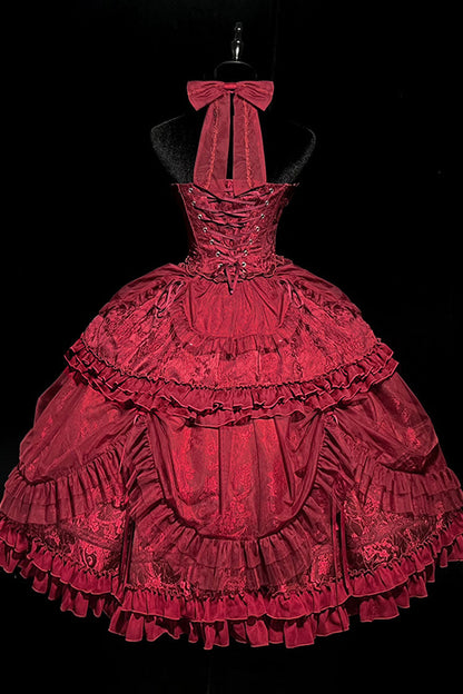 Gothic Lolita Dress - Wine Red, Red, Ruffled, Lace-Up, Cross Detail - additional product view 10