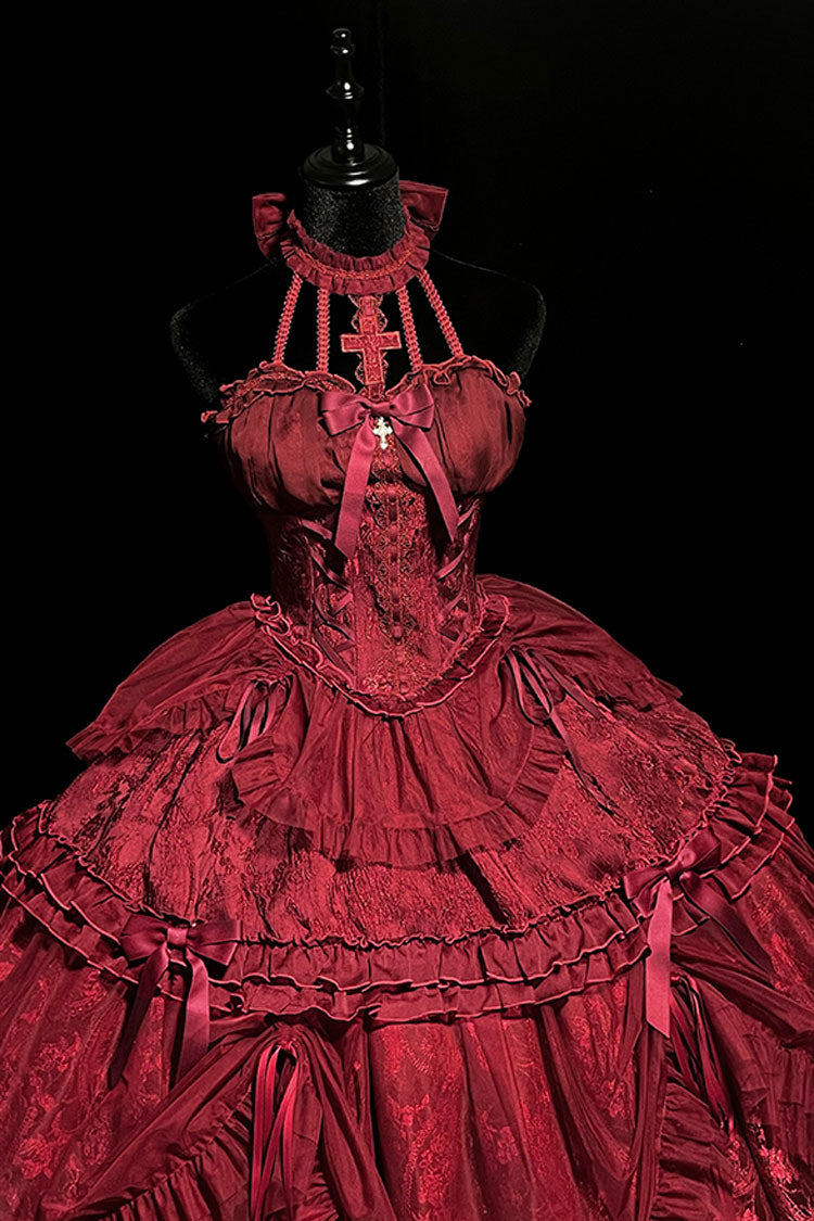 Gothic Lolita Dress - Wine Red, Red, Ruffled, Lace-Up, Cross Detail - additional product view 11