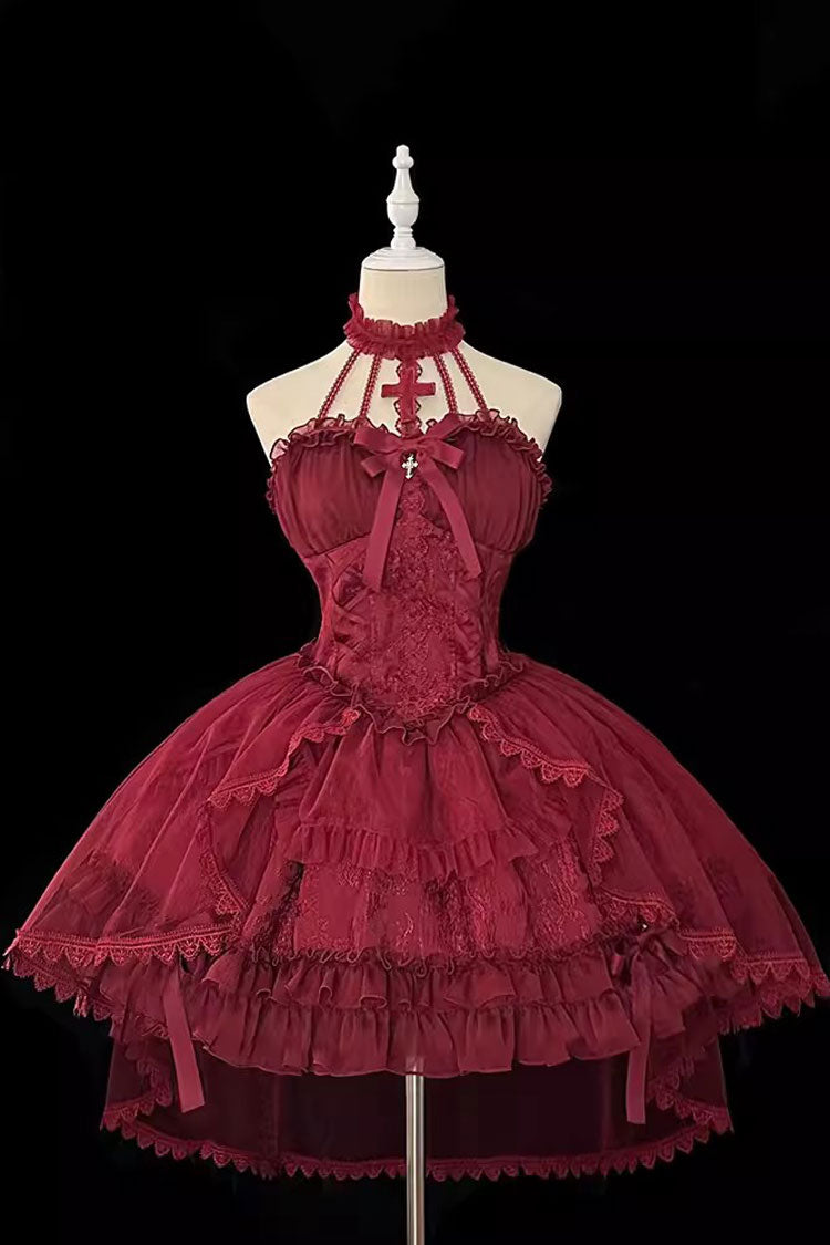 Gothic Lolita Dress - Wine Red, Red, Ruffled, Lace-Up, Cross Detail - main product image