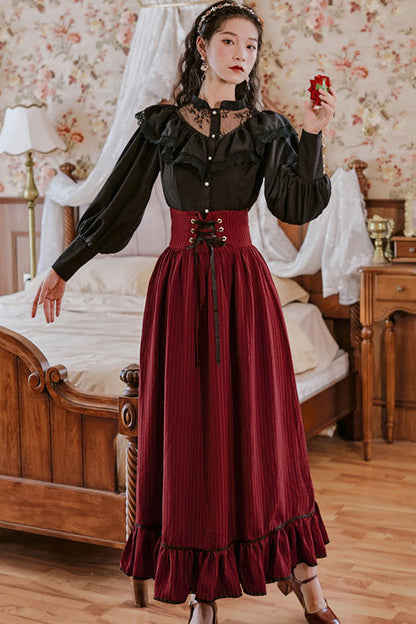 Gothic Lolita Dress - Wine Vintage Palace Style, Wine, Striped, High Waist, Ruffled - additional product view 2