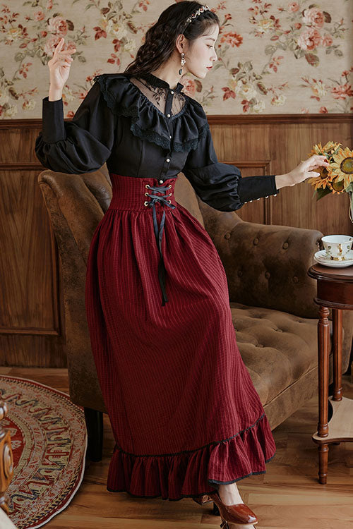 Gothic Lolita Dress - Wine Vintage Palace Style, Wine, Striped, High Waist, Ruffled - additional product view 3
