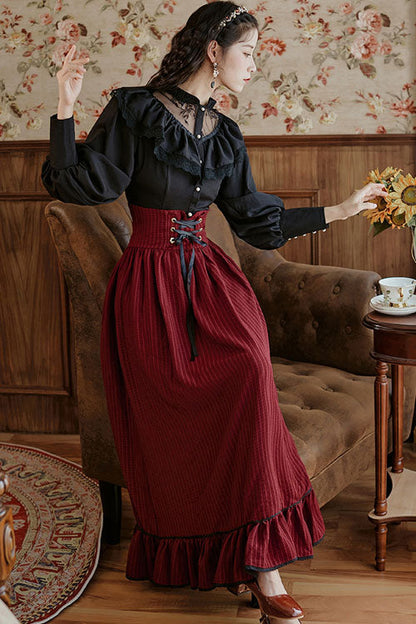 Gothic Lolita Dress - Wine Vintage Palace Style, Wine, Striped, High Waist, Ruffled - additional product view 3