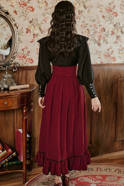Gothic Lolita Dress - Wine Vintage Palace Style, Wine, Striped, High Waist, Ruffled - additional product view 4