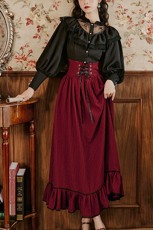 Gothic Lolita Dress - Wine Vintage Palace Style, Wine, Striped, High Waist, Ruffled - main product image