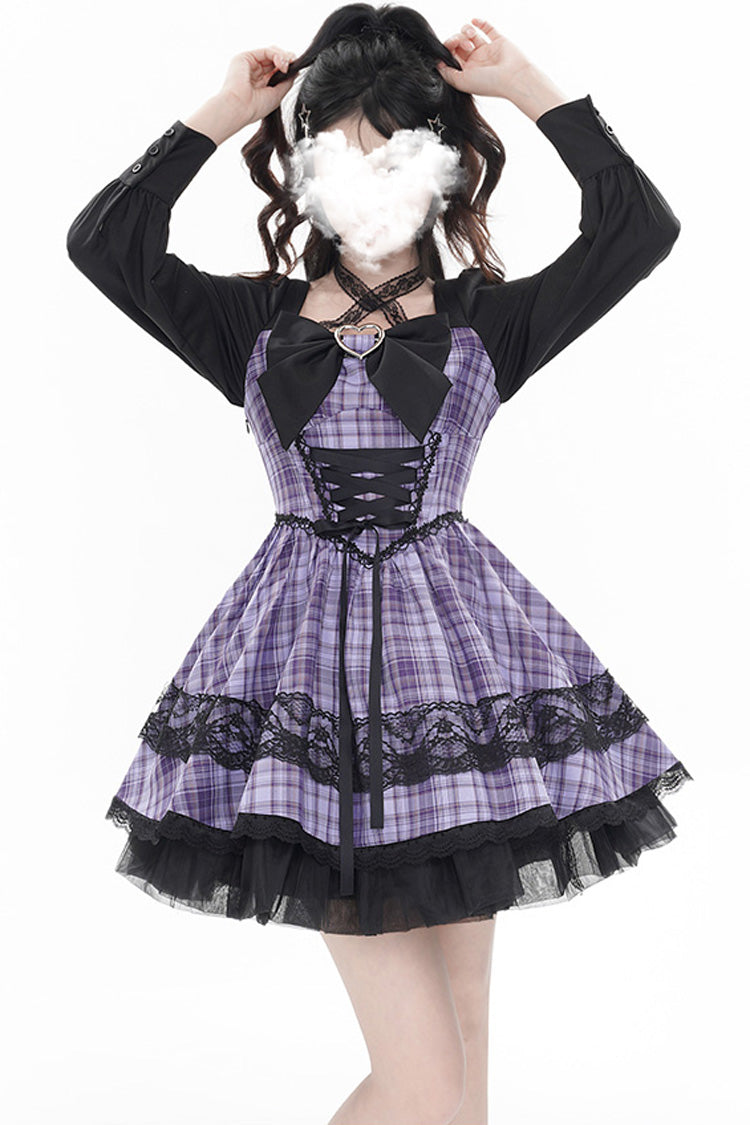 Gothic Lolita Dress - Witch Time, Purple, Plaid, Printed, Long Sleeves - main product image