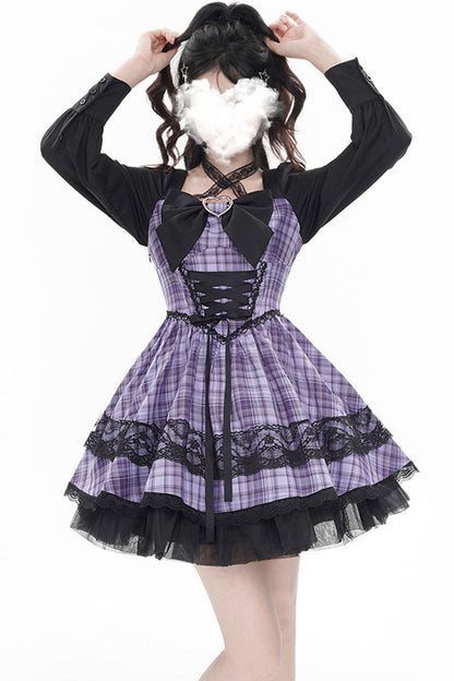 Gothic Lolita Dress - Witch Time, Purple, Plaid, Printed, Long Sleeves - main product image