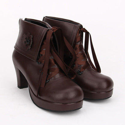 Gothic Lolita High Heels - Lace Up High Heel, Brown, Classic Style, Lace Trim - main product image