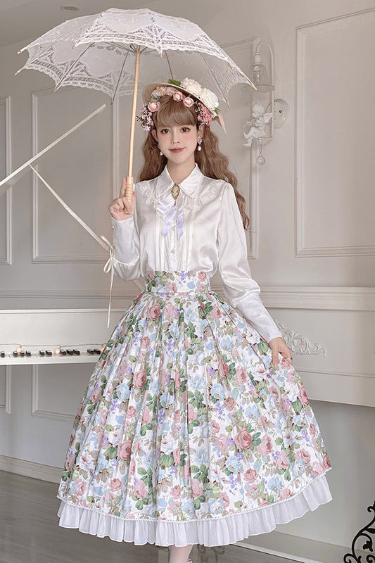 Gothic Lolita Skirt - Afternoon Tea, White, Sweet Style, Ruffled, Printed - main product image