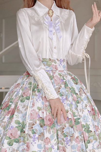 Gothic Lolita Skirt - Afternoon Tea, White, Sweet Style, Ruffled, Printed - S White(Blouse) / M White(Blouse) / L White(Blouse) option
