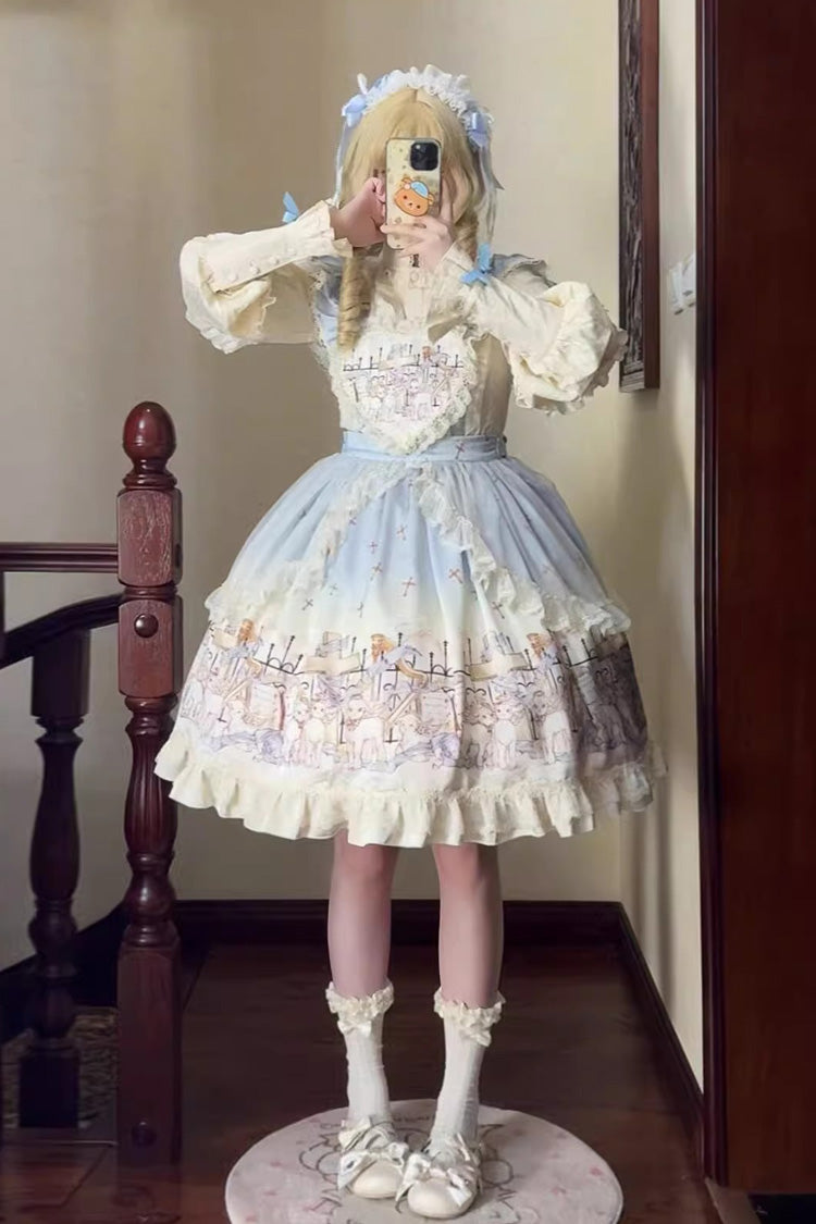Gothic Lolita Skirt - Angel Lamb, 3 Colors, Bow Detail, Ruffled, Printed - S Blue / M Blue / L Blue option