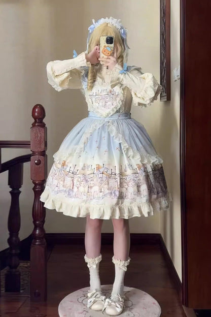 Gothic Lolita Skirt - Angel Lamb, 3 Colors, Bow Detail, Ruffled, Printed - S Blue / M Blue / L Blue option