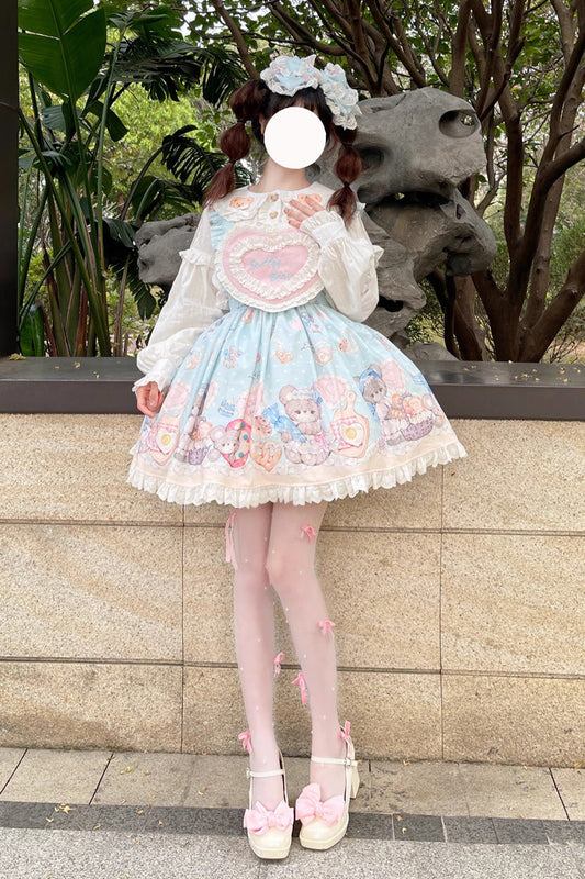 Gothic Lolita Skirt - Baked Bear Print, Blue, Ruffled, Printed, Sweet Style - additional product view 2