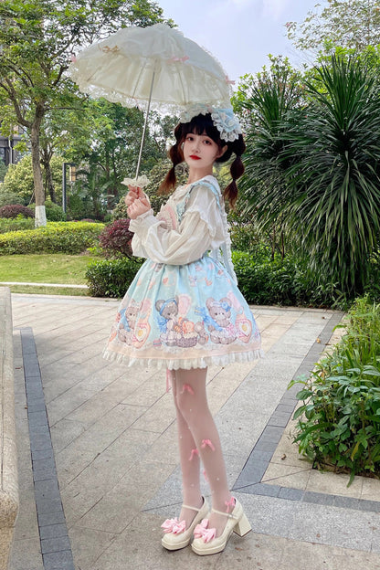 Gothic Lolita Skirt - Baked Bear Print, Blue, Ruffled, Printed, Sweet Style - additional product view 6