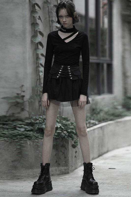 Gothic Lolita Skirt - Binding Mesh Plaid High Waist, Black, Plaid, High Waist - additional product view 2