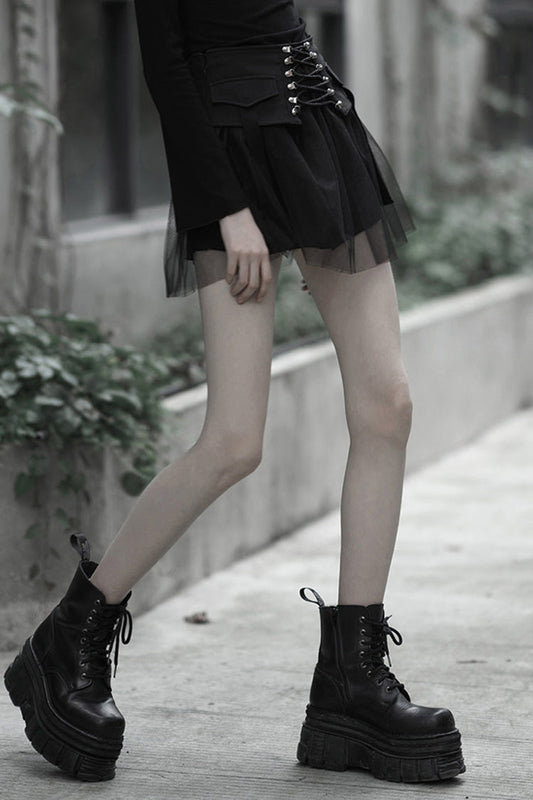 Gothic Lolita Skirt - Binding Mesh Plaid High Waist, Black, Plaid, High Waist - main product image