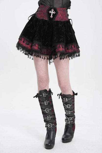Gothic Lolita Skirt - Black/red, 2 Colors, Women's Style, Cross Detail, Printed - additional product view 6