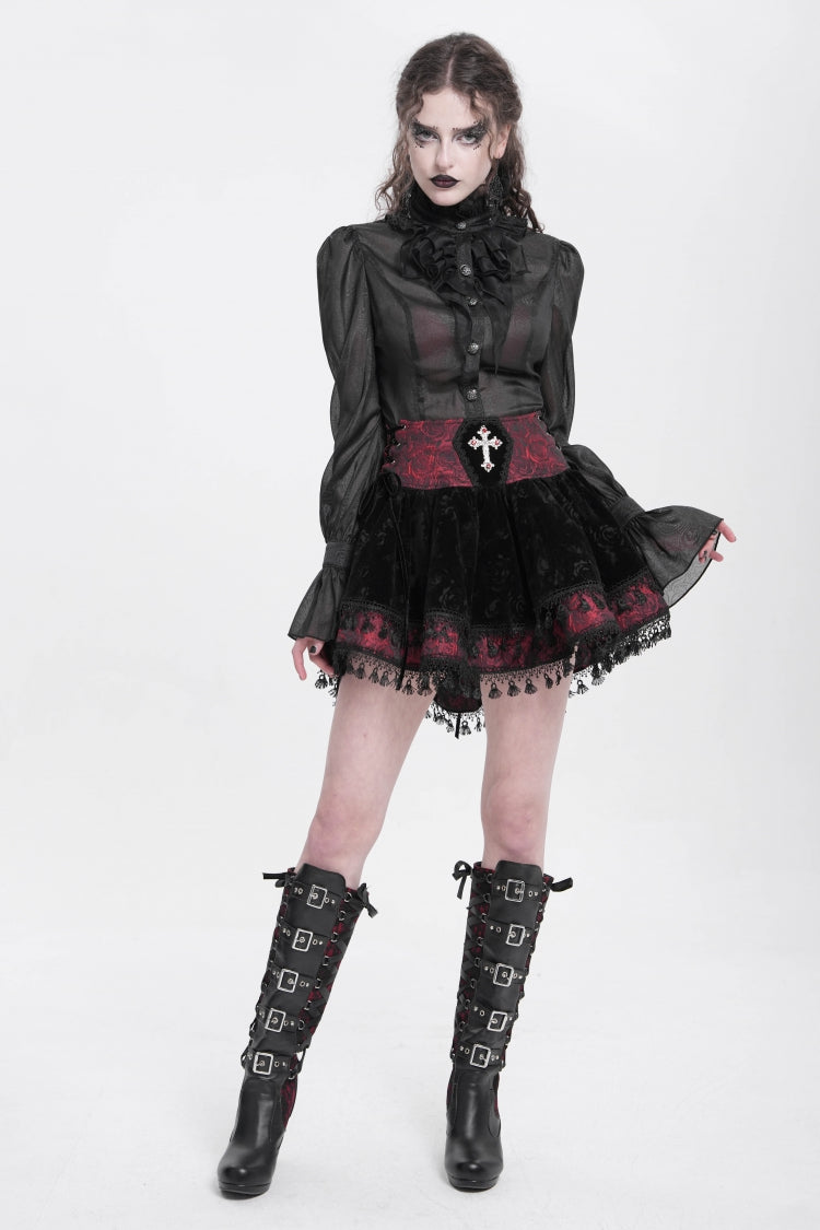 Gothic Lolita Skirt - Black/red, 2 Colors, Women's Style, Cross Detail, Printed - additional product view 7