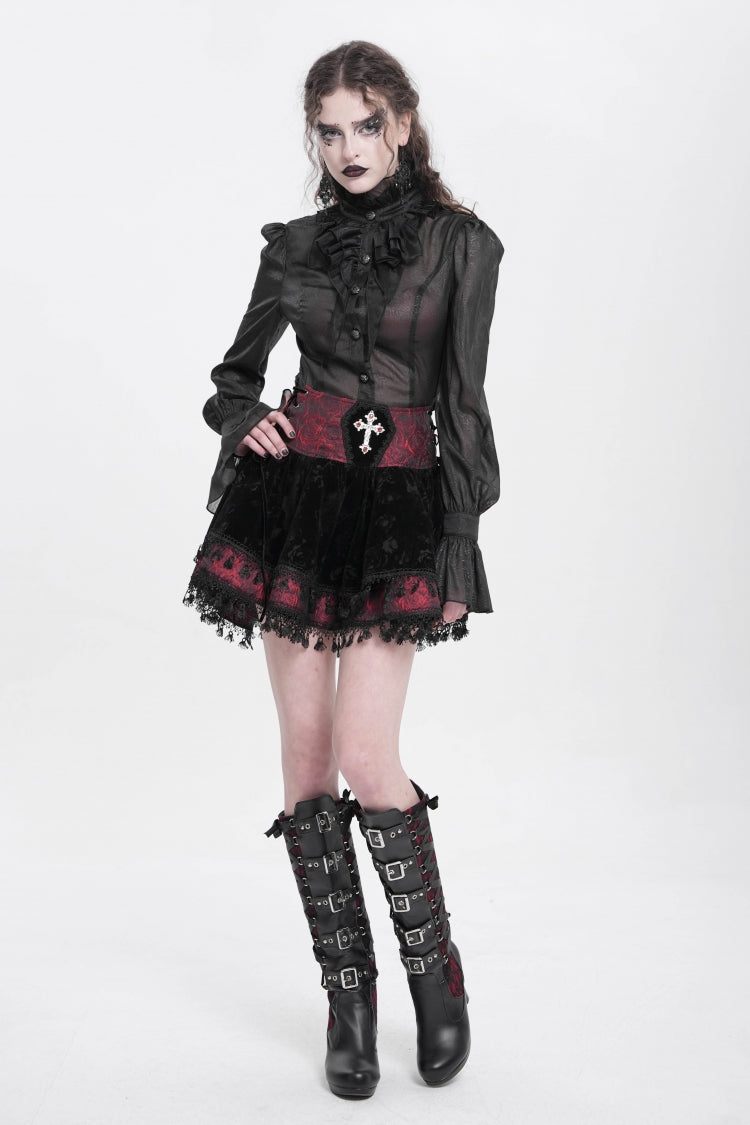 Gothic Lolita Skirt - Black/red, 2 Colors, Women's Style, Cross Detail, Printed - additional product view 8