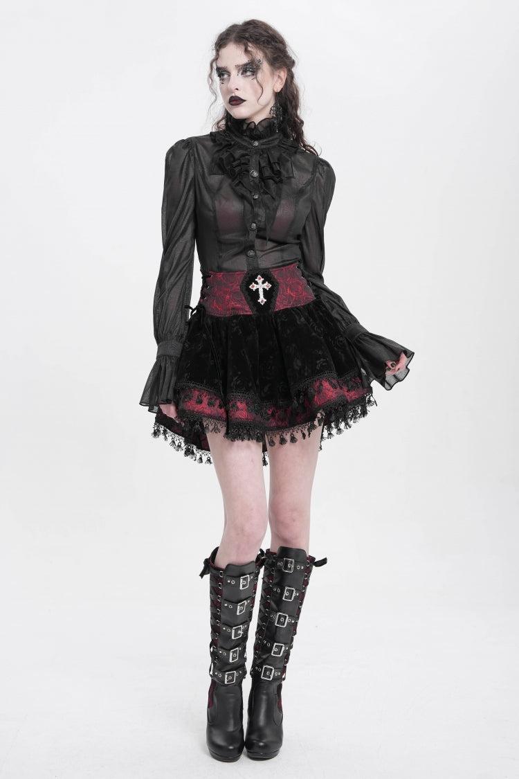 Gothic Lolita Skirt - Black/red, 2 Colors, Women's Style, Cross Detail, Printed - additional product view 10
