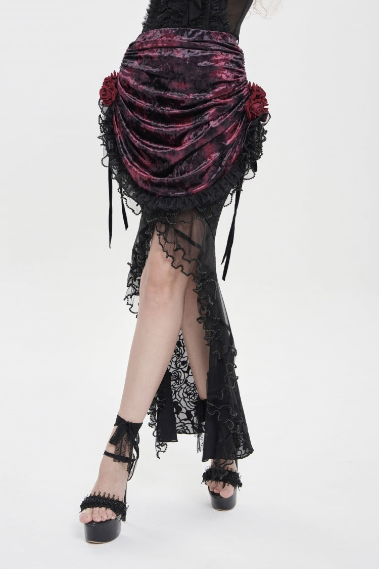Gothic Lolita Skirt - Black/red, 2 Colors, Women's Style, Lace-Up, Lace Trim - additional product view 4