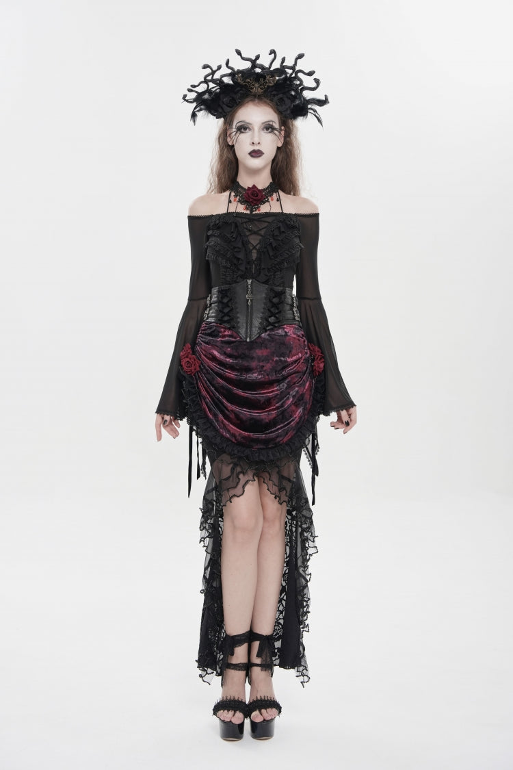 Gothic Lolita Skirt - Black/red, 2 Colors, Women's Style, Lace-Up, Lace Trim - additional product view 6