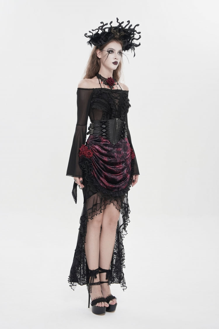 Gothic Lolita Skirt - Black/red, 2 Colors, Women's Style, Lace-Up, Lace Trim - additional product view 7