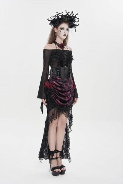 Gothic Lolita Skirt - Black/red, 2 Colors, Women's Style, Lace-Up, Lace Trim - additional product view 7
