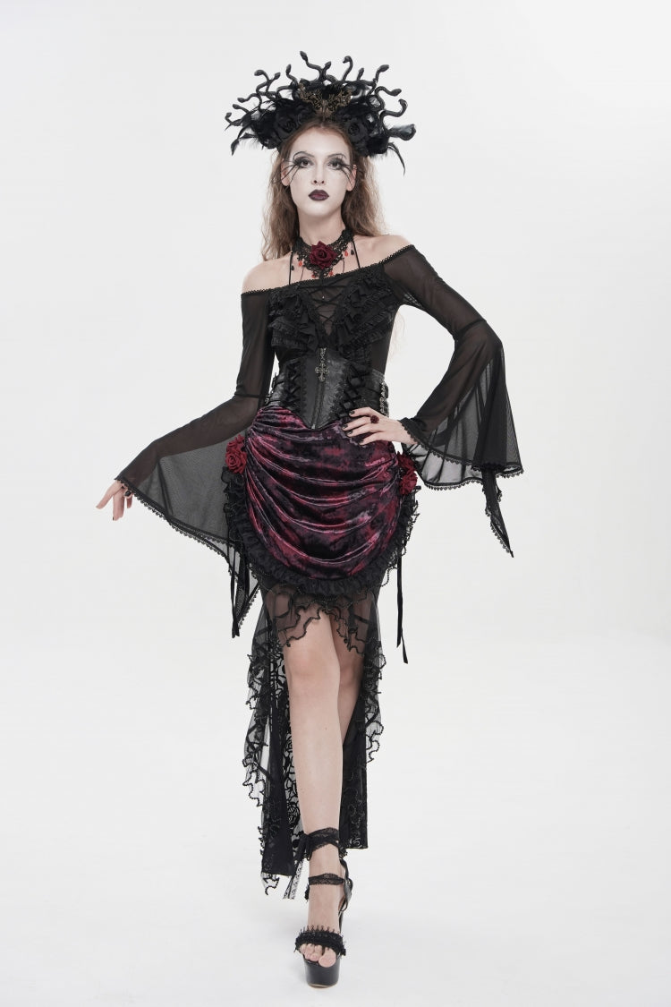 Gothic Lolita Skirt - Black/red, 2 Colors, Women's Style, Lace-Up, Lace Trim - additional product view 9