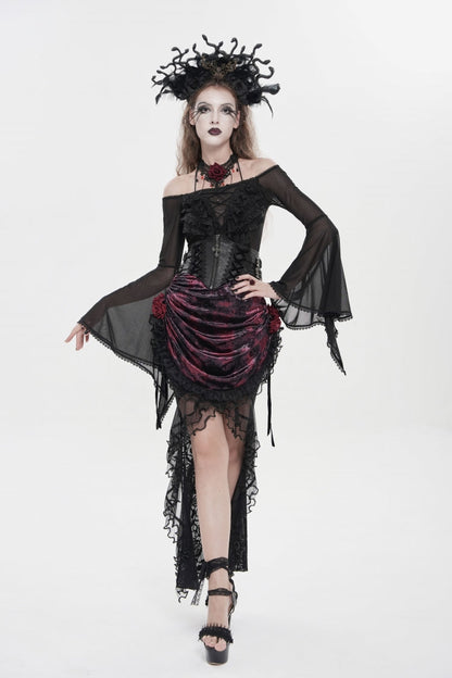 Gothic Lolita Skirt - Black/red, 2 Colors, Women's Style, Lace-Up, Lace Trim - additional product view 9