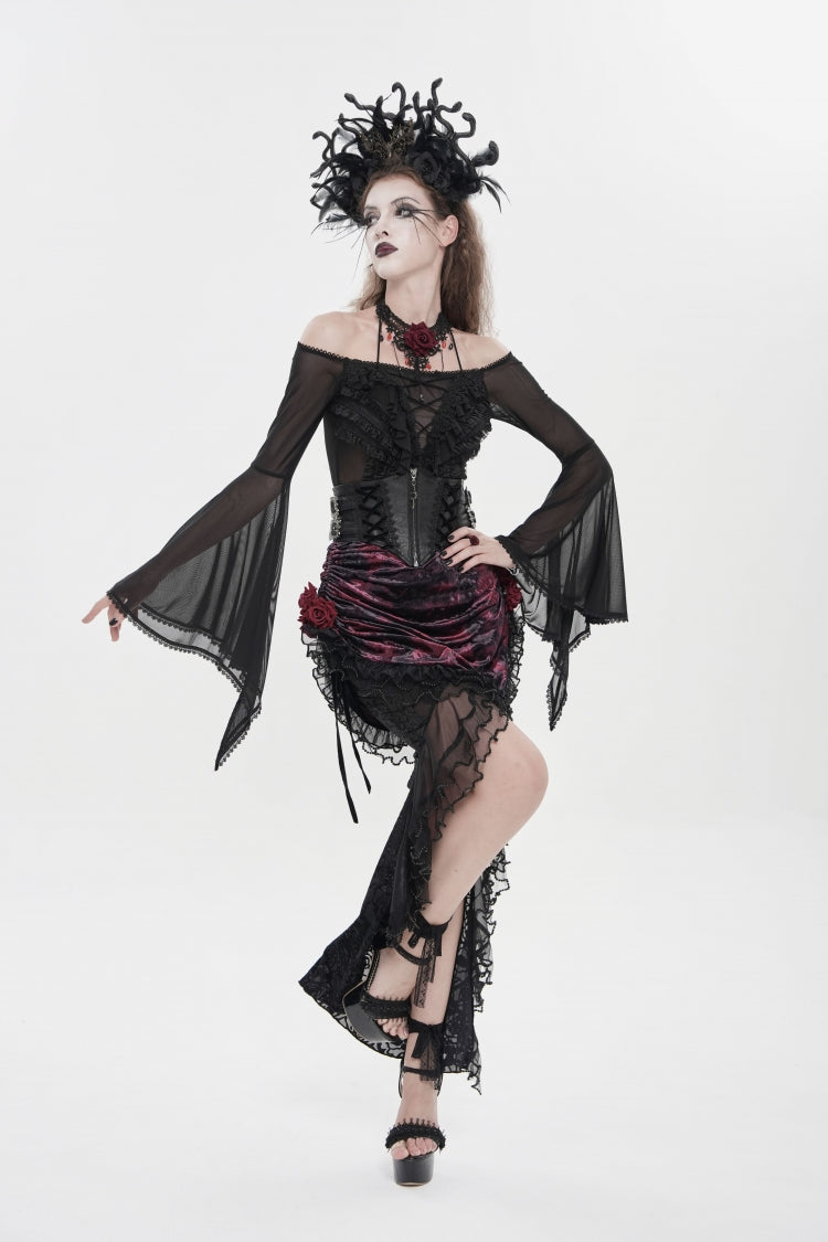 Gothic Lolita Skirt - Black/red, 2 Colors, Women's Style, Lace-Up, Lace Trim - additional product view 10