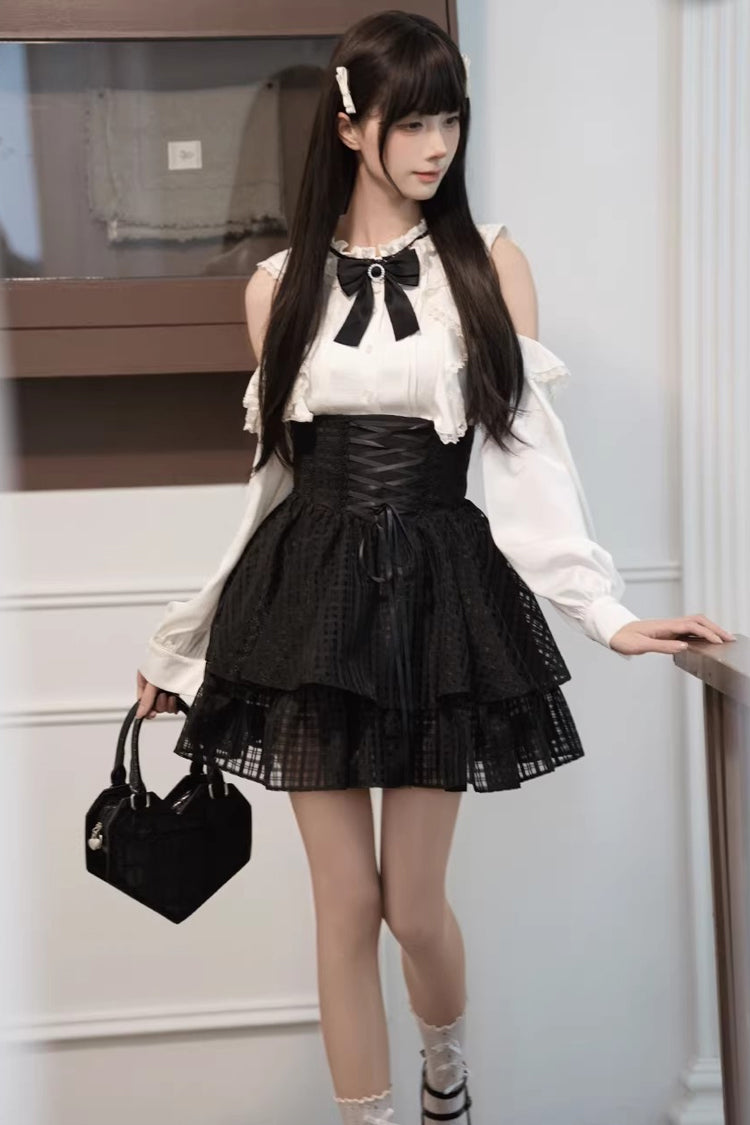 Gothic Lolita Skirt - Black/white Round Collar, 2 Colors, Classic Style, Bow Detail - additional product view 3