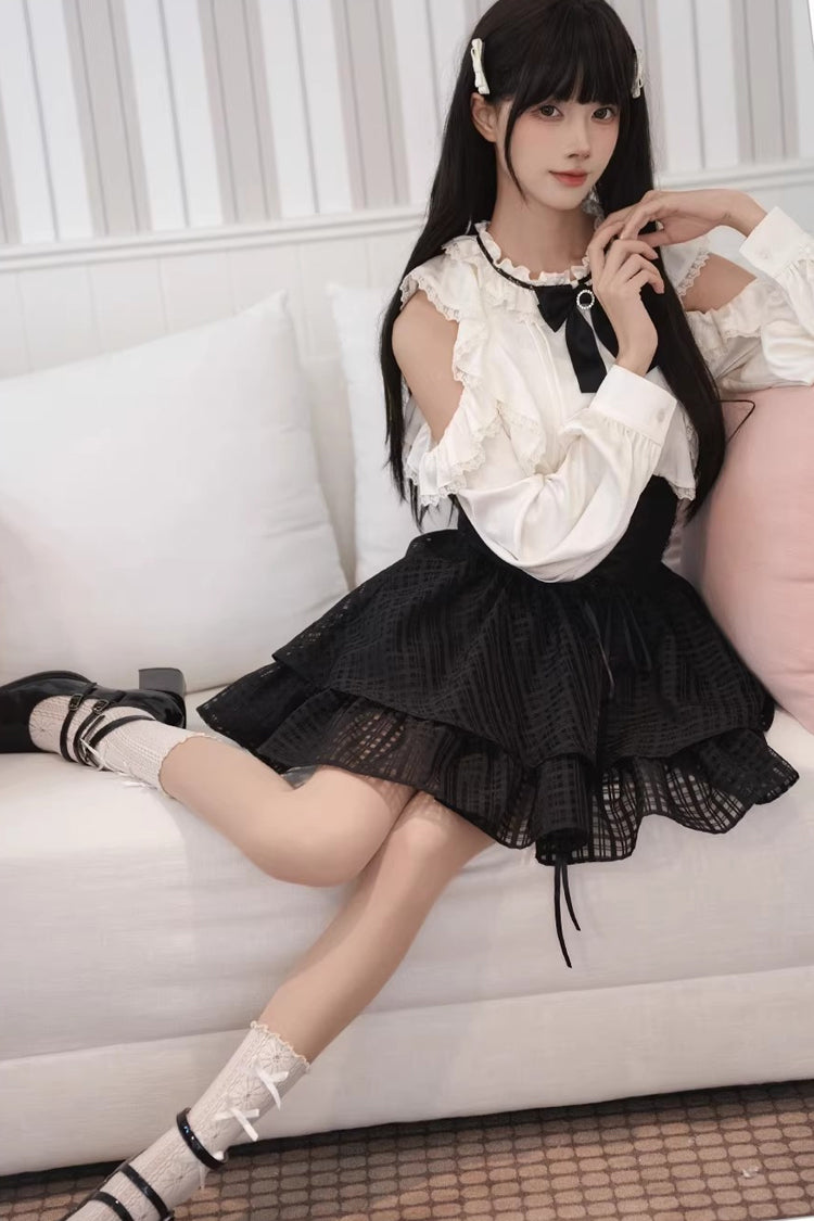 Gothic Lolita Skirt - Black/white Round Collar, 2 Colors, Classic Style, Bow Detail - additional product view 4